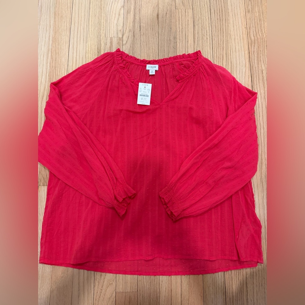 J. Crew Bright Red Textured Peasant Blouse